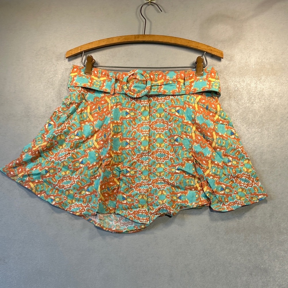 Moon River Womens High Waisted Belted Geometric Print Shorts Orange Teal Small